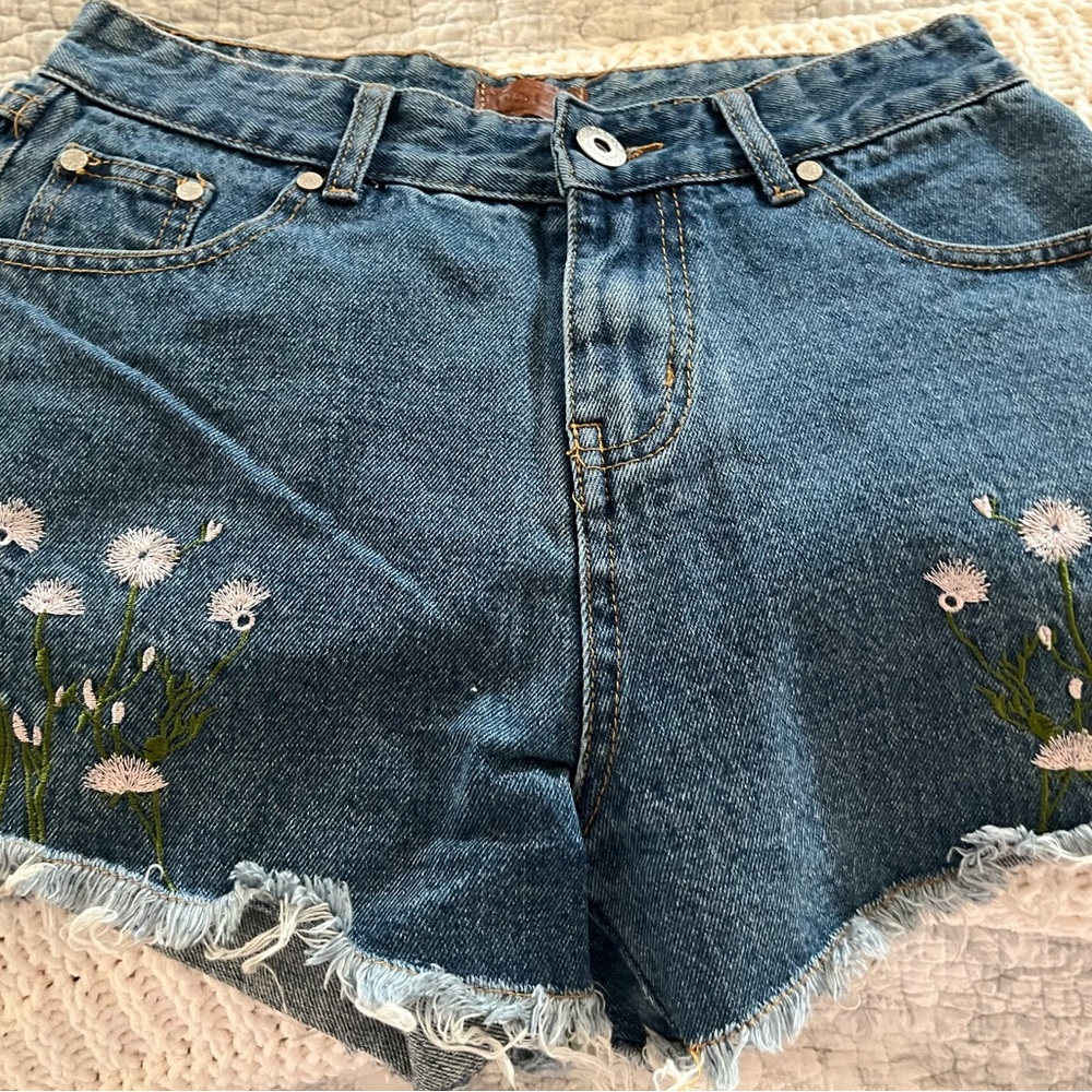 POL Blue Jean Shorts with Floral Embroidery